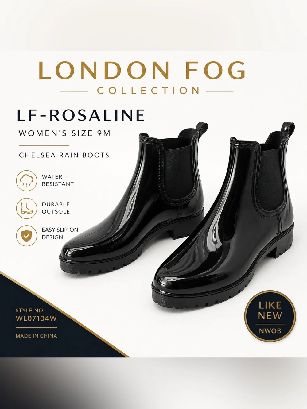 London Fog Rosaline Black Gloss Chelsea Boots Size 9M NWOB